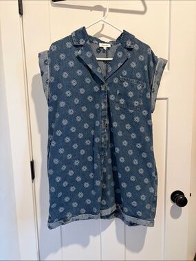 Sleeveless Denim Floral Print Romper - Blue